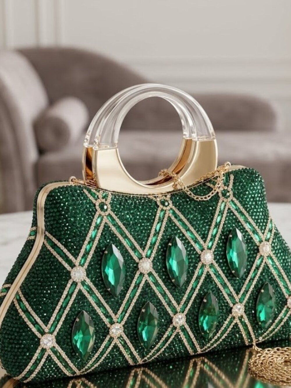 Emerald Diamond-Grid Clutch